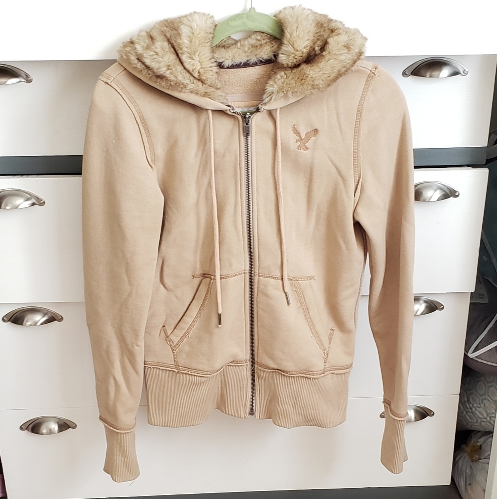 Vintage American Eagle Faux Fur Zippered Hood Tan Coat, Size Small